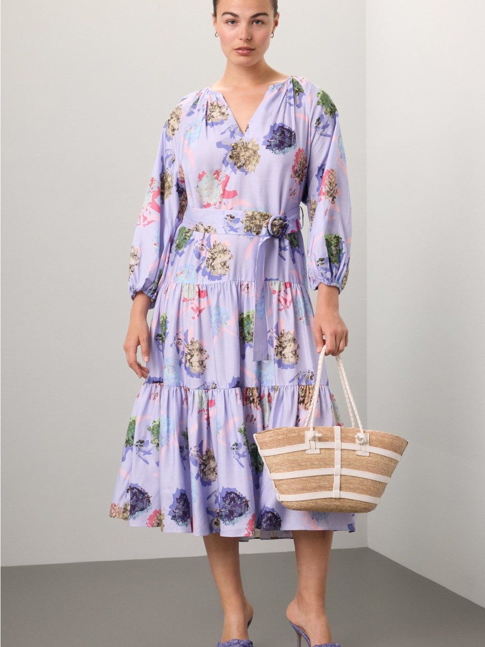 Prabal Gurung Lavender Floral Tiered Midi Dress with Belted Waist